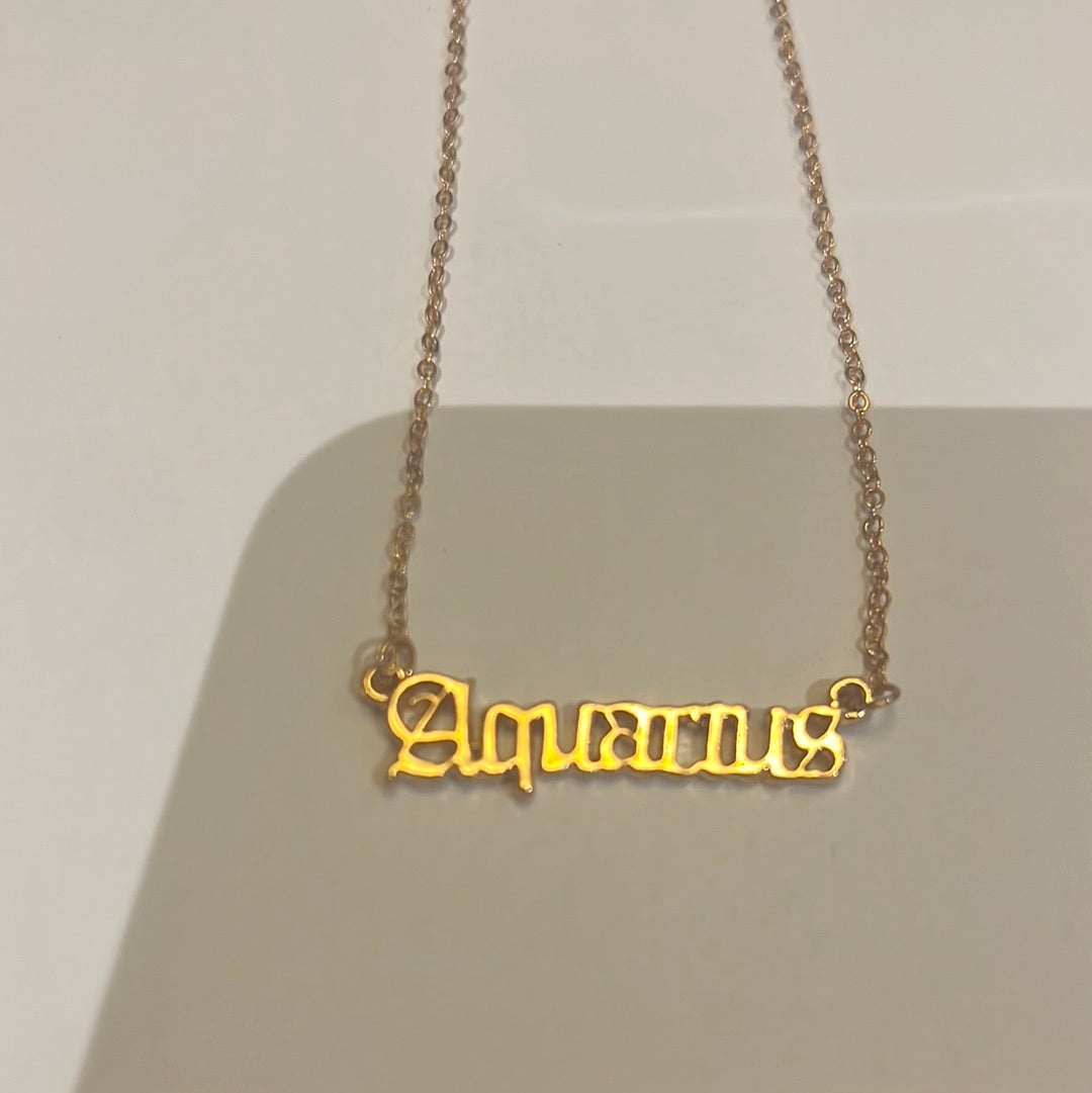Aquarius Gold Script Zodiac Necklace